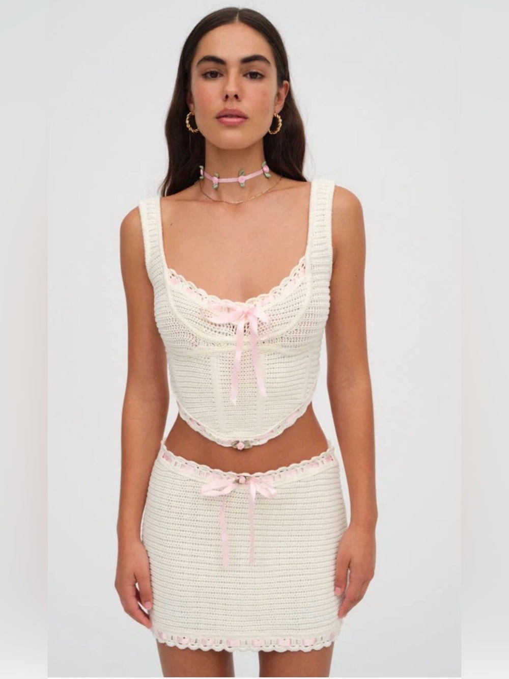 For Love And Lemons Cream Crochet Top & Skirt with Pink Trim